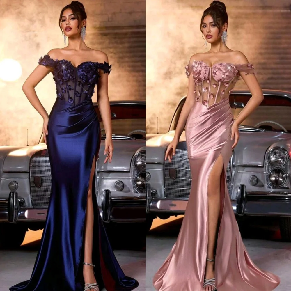 

Customized Exquisite Matching Pleat Flower Mermaid Off-the-shoulder Long Dresses Bespoke Occasion Dresses Modern Style Fashion