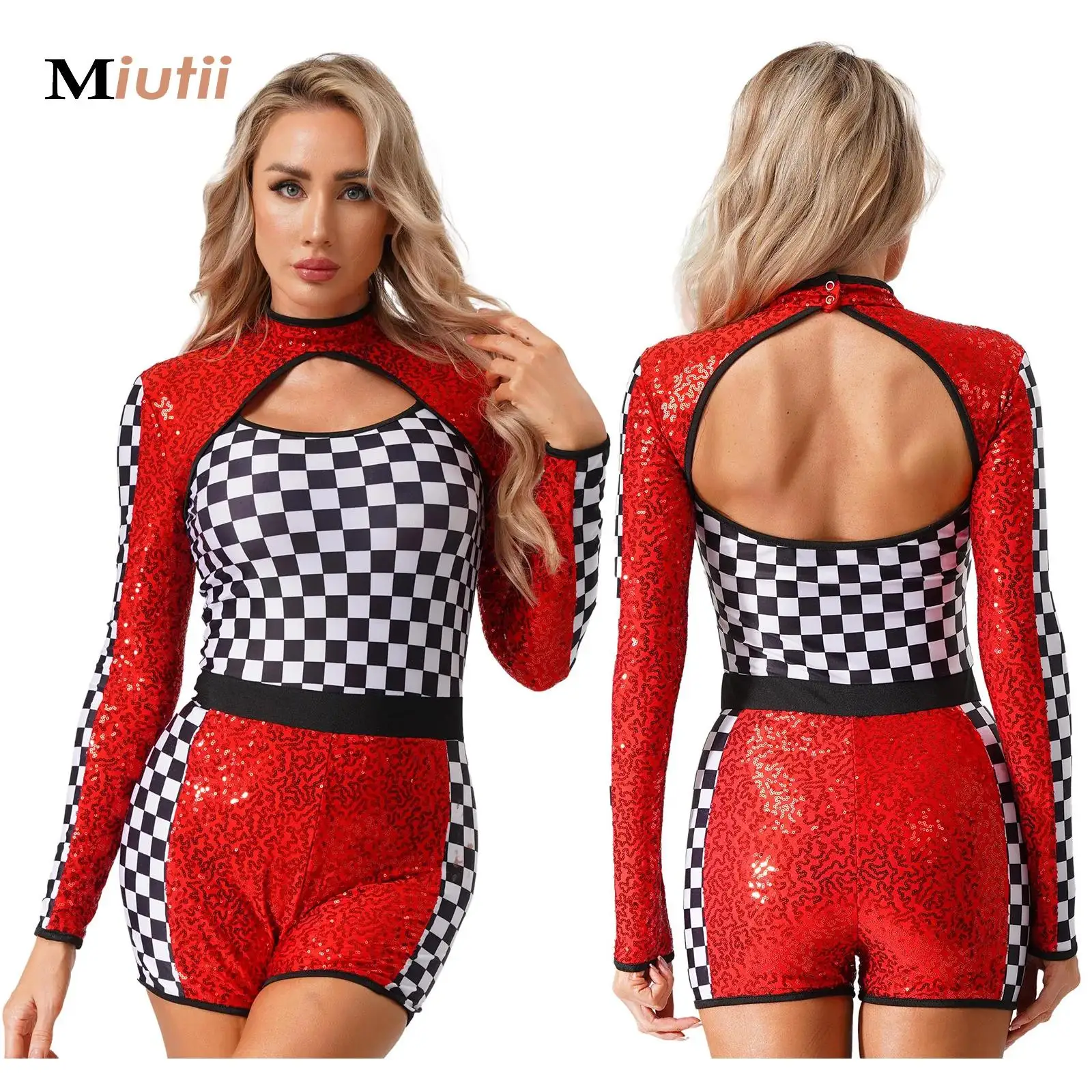 

Womens Halloween Racer Driver Cosplay Costume Long Sleeve Jumpsuit Checkerboard Car Racing Romper Uniform Cheerleading Clubwear