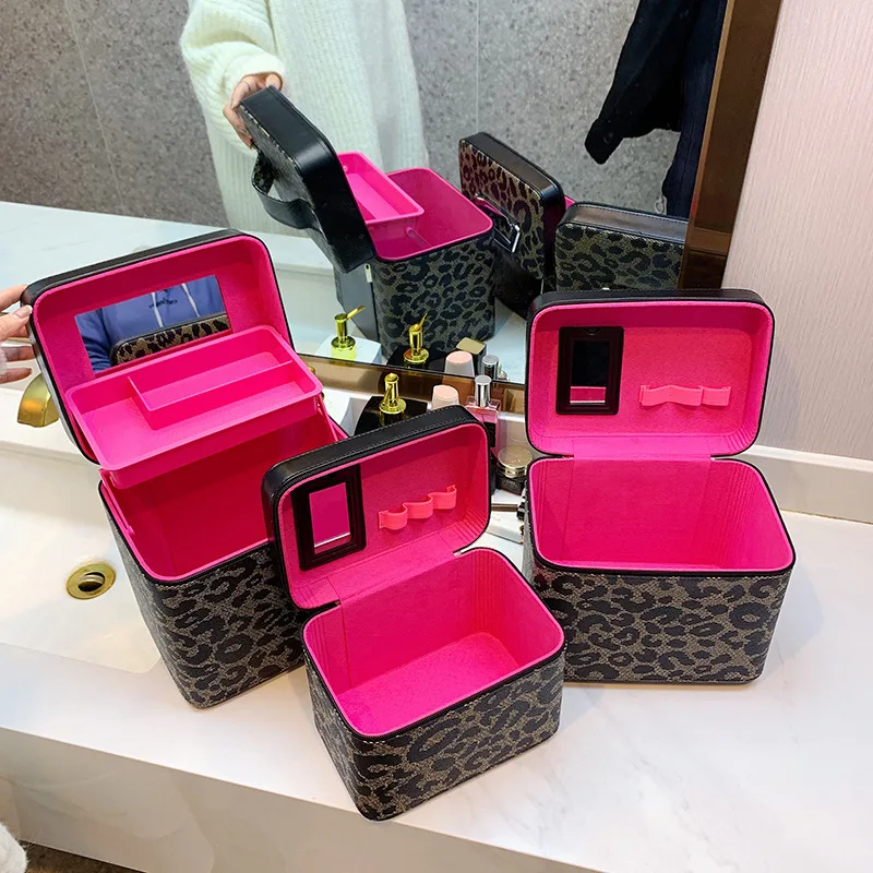 New Leopard Print Makeup Bag Large Capacity Double Layer Handheld Cosmetic Box Travel Storage Puch Portable Beauty Handbags