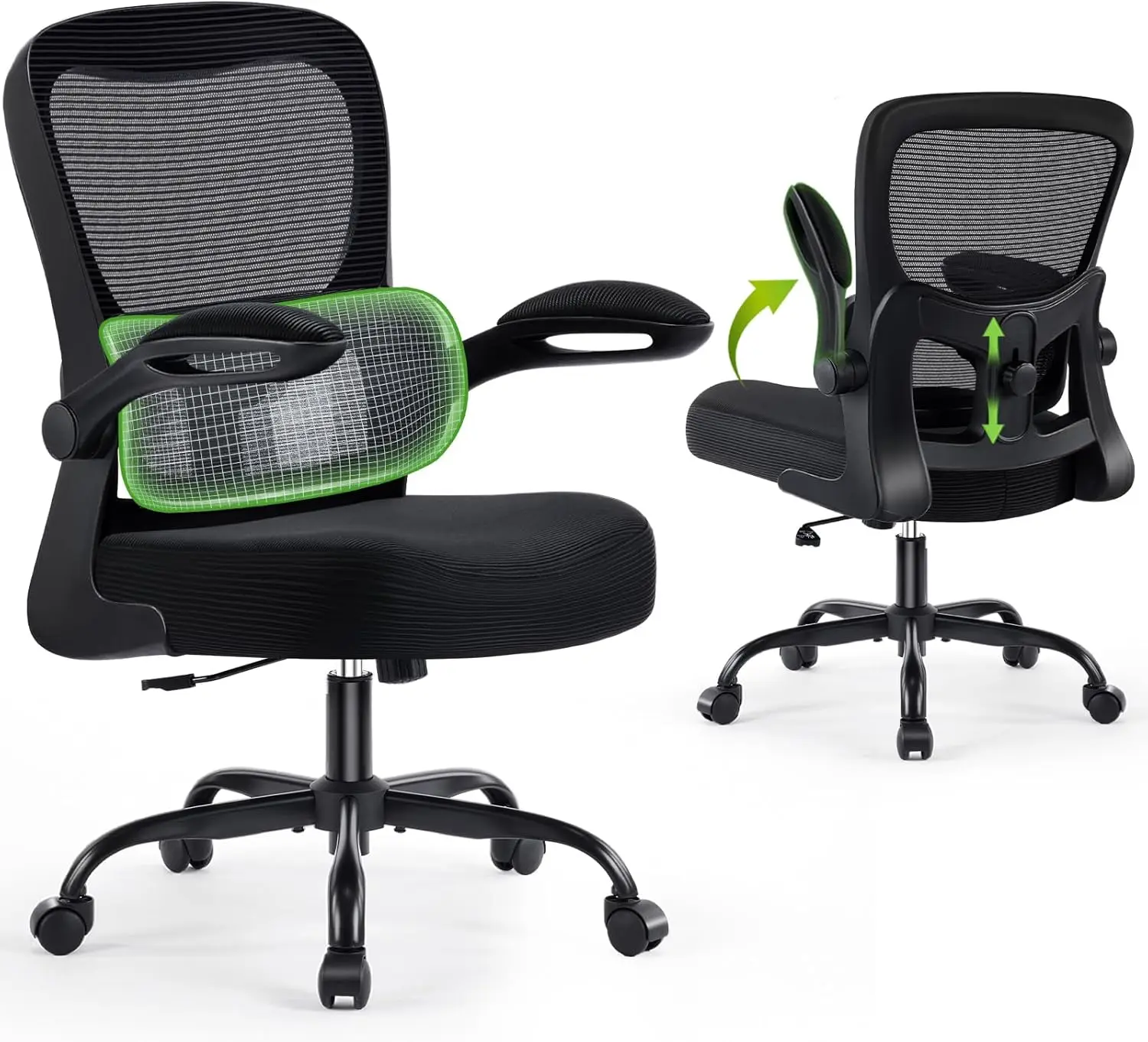 Ergonomic Office Chair with Adjustable Lumbar Support, Breathable Mesh, Flip-up Armrests, Swivel & Wheels for Home Work Gaming