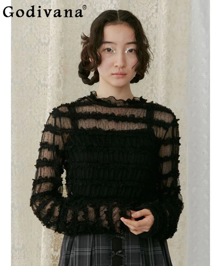 

Japanese Sweet Ruffled Edge Long Sleeve T-Shirt Spring Autumn New Girl's Slim Fit Elegant Pullover Women's Fashion Versatile Top