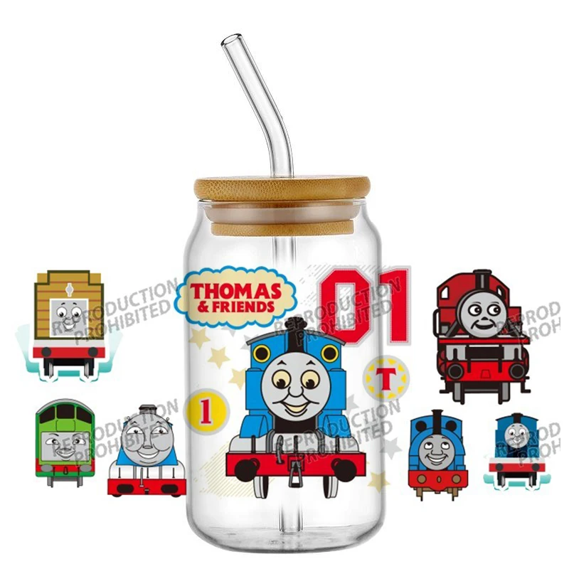 الكرتون قطار توماس UV DTF نقل ملصق ل 16 أوقية كوب يلتف الزجاج ليبي يمكن زجاجة ذاتية اللصق قابل للغسل لتقوم بها بنفسك الشارات المخصصة