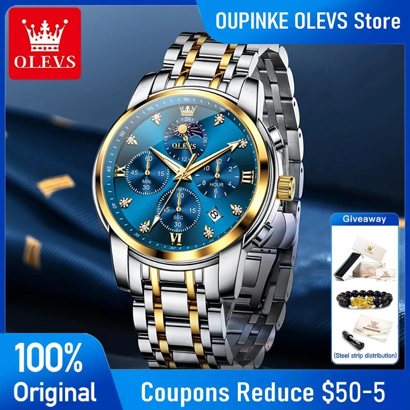 OLEVS Watches Man 3655 Stainless Steel Multifunctional Chronograph Quartz Watch Moon Phase Watches Man Box Gifts Original Reloj