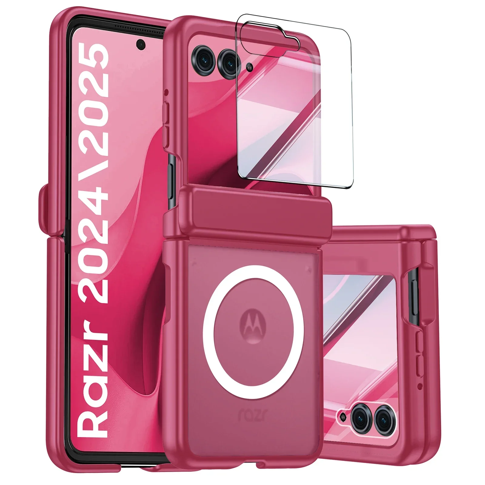 

for Moto Razr 70 2026/60 2025/50 2024 Phone Case,with Screen Protector,MagnaticTranslucent Matte Shockproof Case-Rose Red