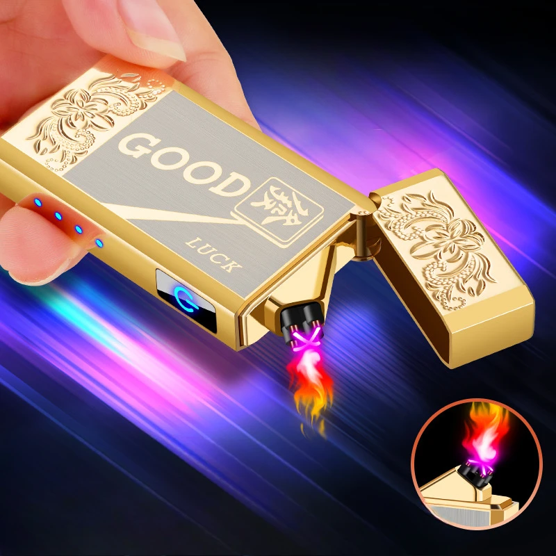 

New Electroplated Double Arc Windproof Cigarette Lighter with Touch Sensitive Power Display Charging Lighter Outdoor Tool