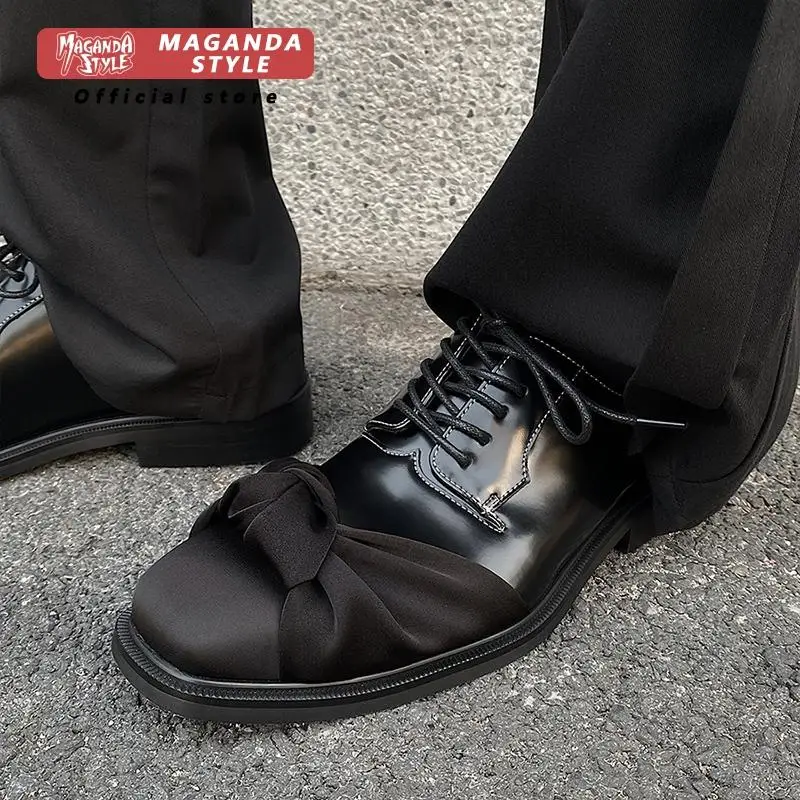 Silk Derby leather shoes men's new style fashionable European and American niche bow design couple commuting dress wedding shoes