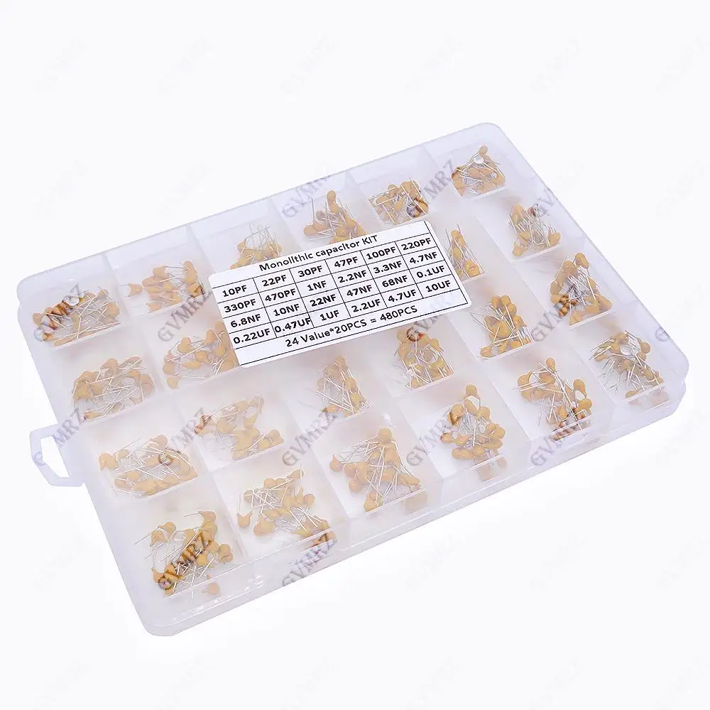 480PCS 24Values Monolithic Ceramic Capacitor Kit (10PF-10UF) Boxed for Signal Filtering Projects &  Electronic Circuit Coupling