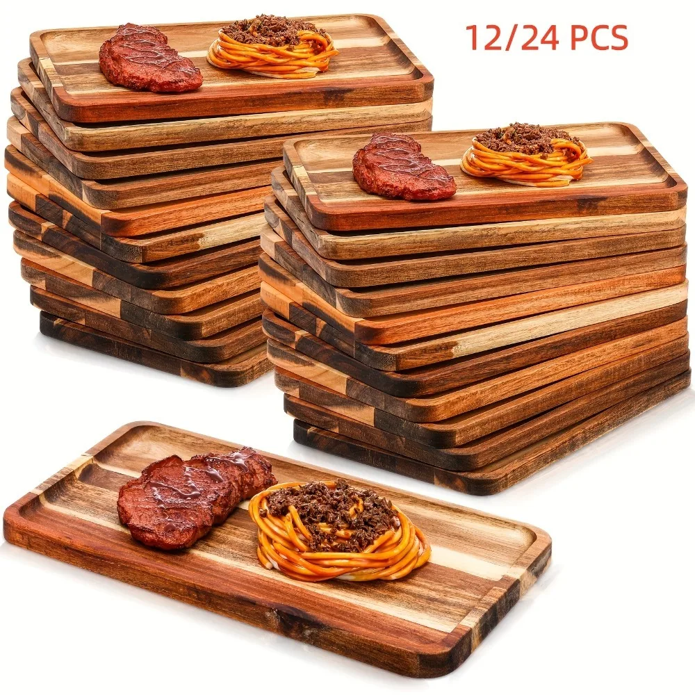 

24pcs/12pcs Acacia Wood Serving Tray Rectangular Wooden Serving Platter Party Dinner Plates Wood Cheese Charcuterie Board