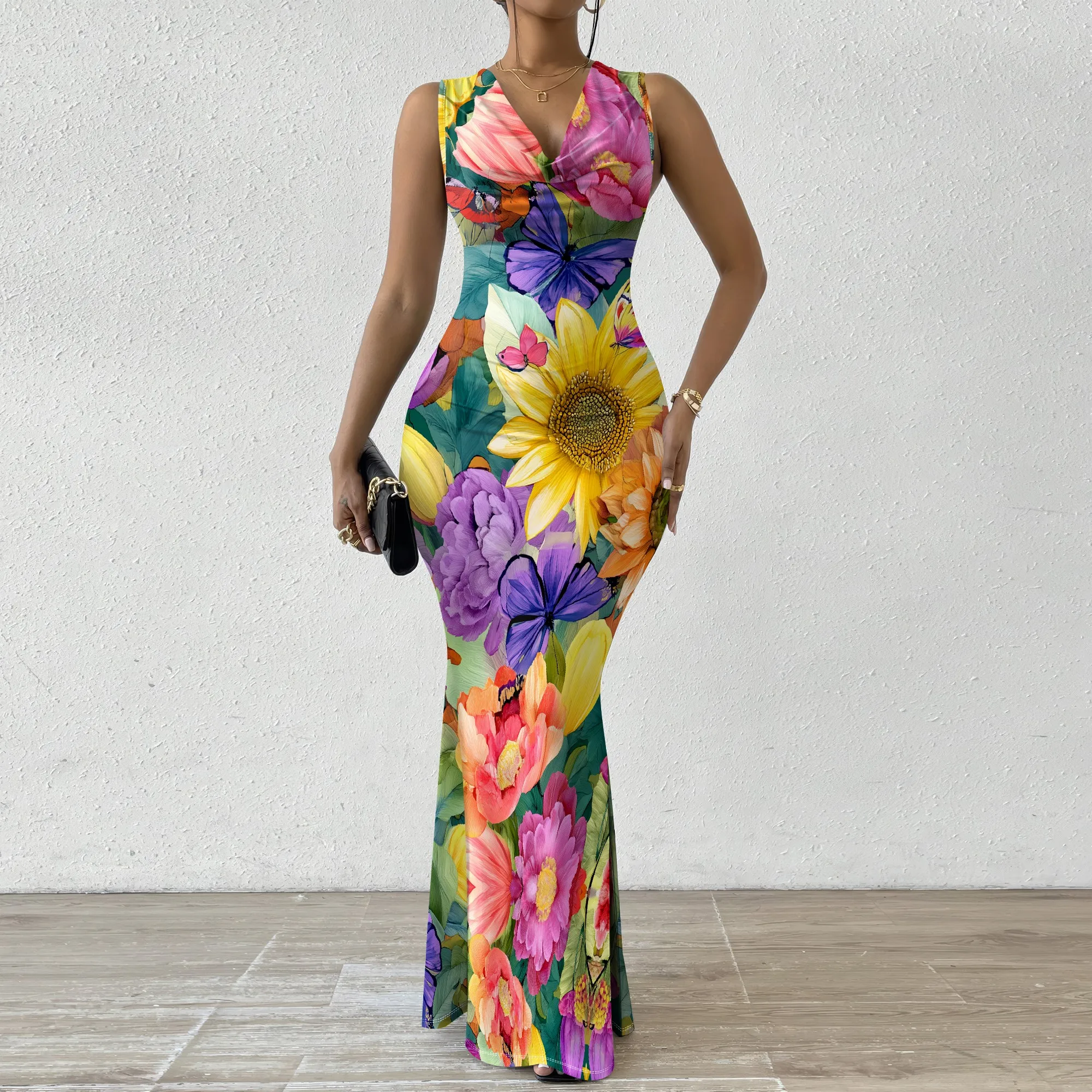 

Women's Colorful Floral Butterfly Maxi Dress XS-2XL 2025 Spring Summer Sleeveless V Neck Mermaid Wedding Guest Look