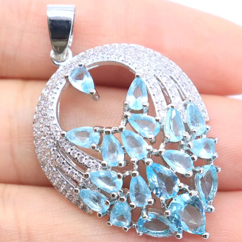 SheCrown 43x26mm New Designed 5.7g Created Sky Blue Topaz Peridot Aquamarine Pink Morganite CZ Ladies Gift Silver Pendant
