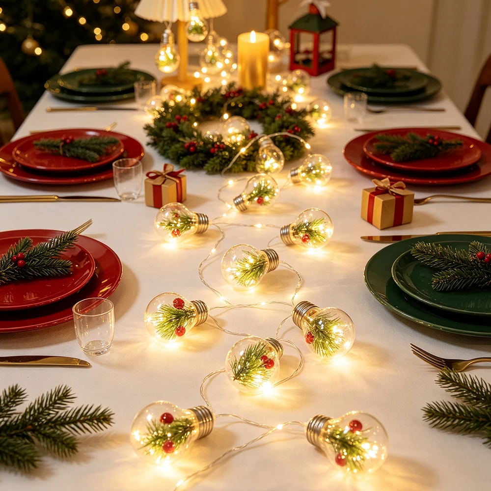 1PC Christmas LED Bulbs String Light, 10Bulbs Red Fruits Pine Needles Light String for Christmas Party Wedding Bedroom DIY Decor
