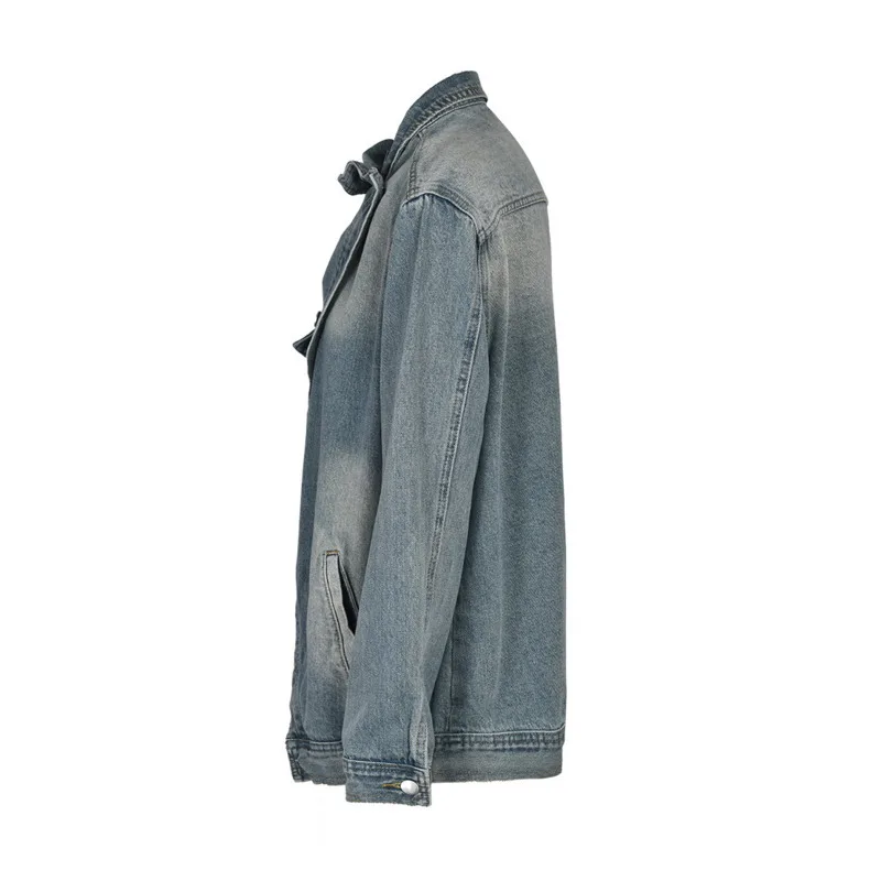 ANJY Jesień Nowa Damska High Street Vintage Y2K Koreańska Codzienna Sprana Oryginalna Asymetryczna Kieszeń Jednorzędowa Kurtka Jeansowa A7321