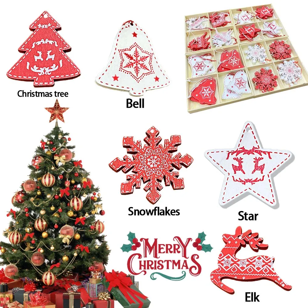 

12pcs/set Christmas Tree Ornaments | Holiday Hanging Decorion | DIY Wooden Christmas Pendant–Snowflakes,Milu deer,Stars, Bells
