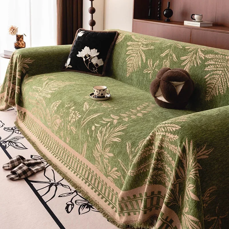 Chinese Classical Printed Chenille Sofa Cover Rural Plants and Flowers Couch Towel with Tassels Soft Anti Cat Scratch Dust Cover