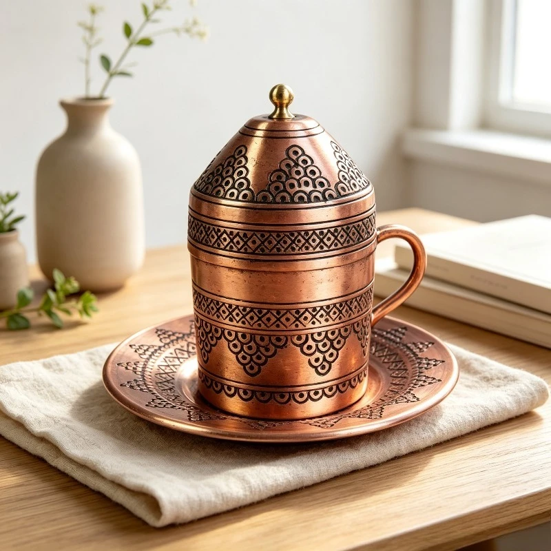 Handmade Pure Copper Turkish Coffee Cup Set, Royal European Style Espresso Mug Gift Box with Enamel, Premium Drinkware Decor.