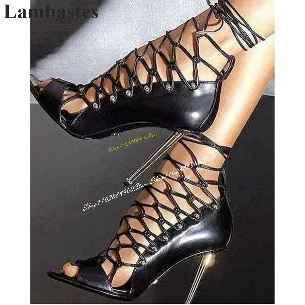 

Stylish Black String Net Metal Heel Sandals Thin High Heel Shoes For Women Lace Up Open Toe 2024 Fashionable Zapatillas Mujer