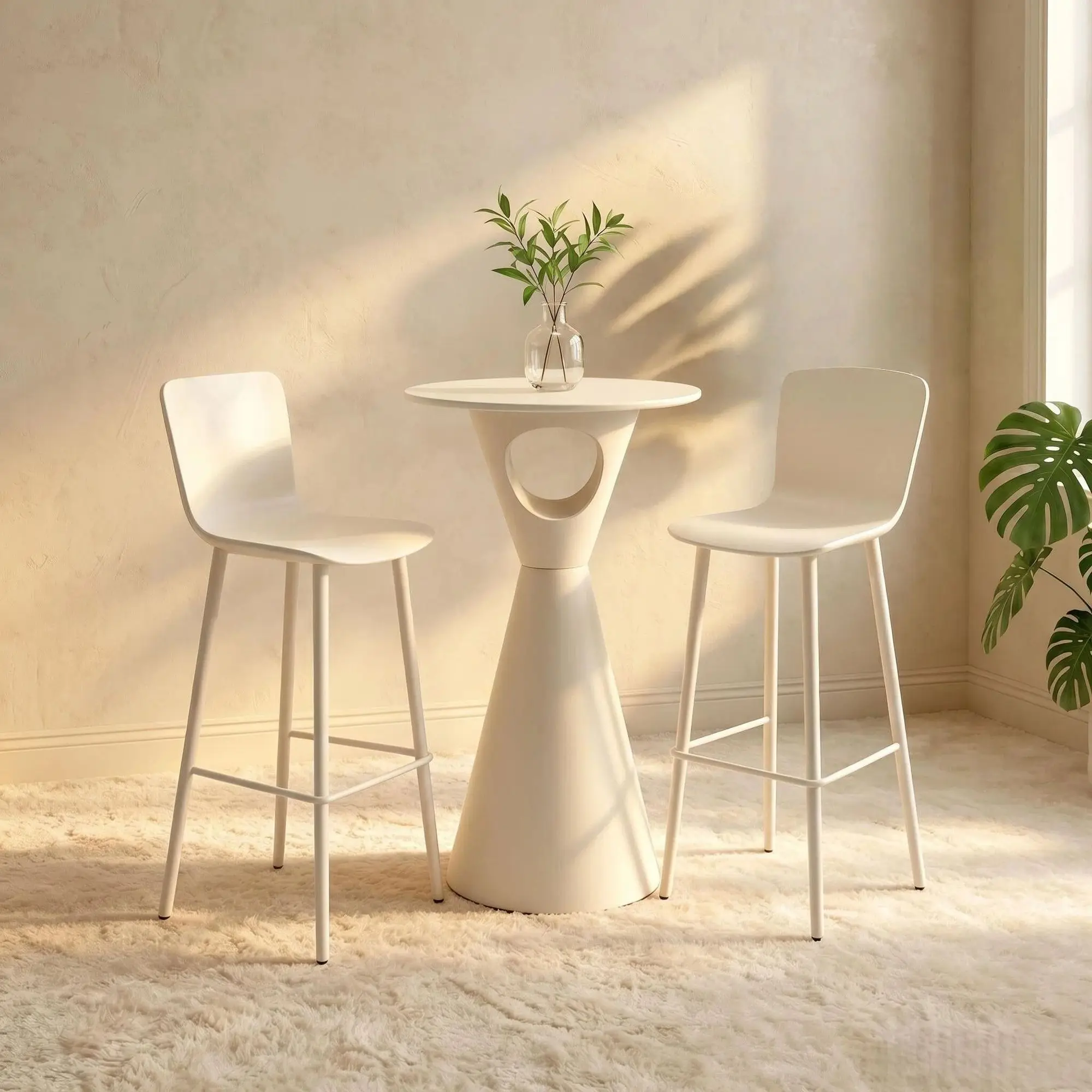 Cream Minimalist Bar Table and Chair Set, High Leg Modern Bar Stools for Balcony Café