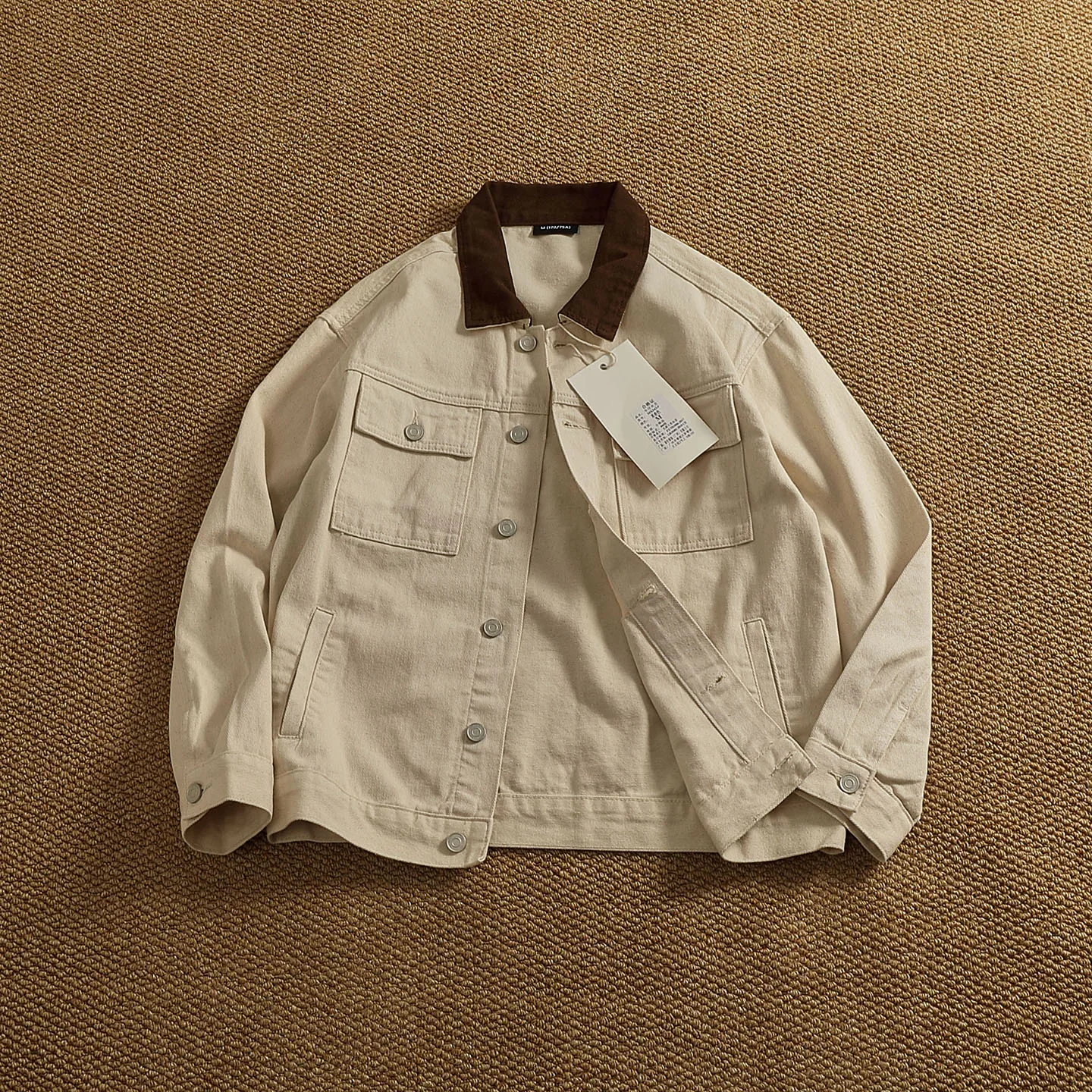 

Retro craft woven jacket for men's autumn and winter new loose rotator sleeve contrast lapel work jacket