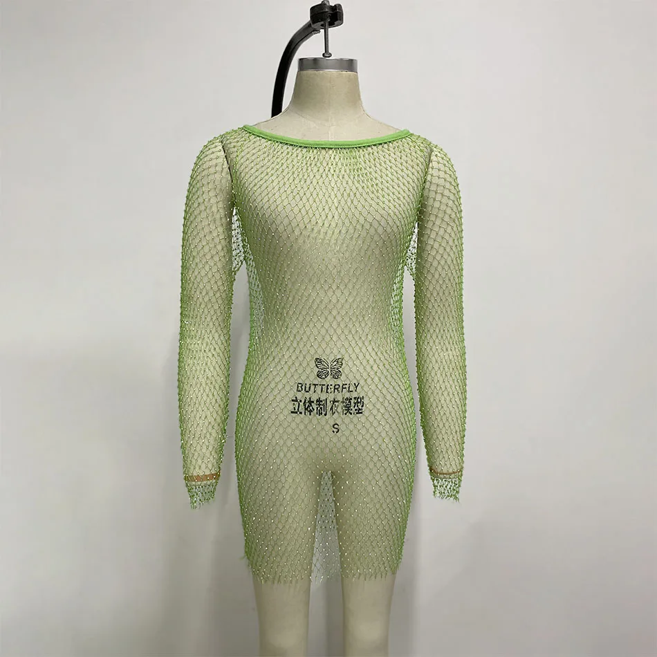 Mini vestido de manga larga con cuello redondo para mujer, malla transparente de cristal brillante, elástico, ajustado, Fiesta en la piscina, verde, diamantes de imitación