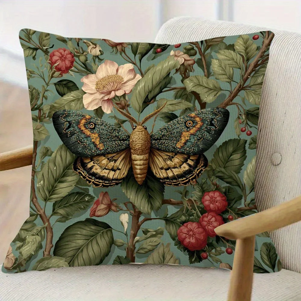 1pc Cottagecore Living Room Moth Pillow Cover, Polyester 2D Double-Sided Print, Vintage Floral Moth Cushion, Nature & Insect Lov