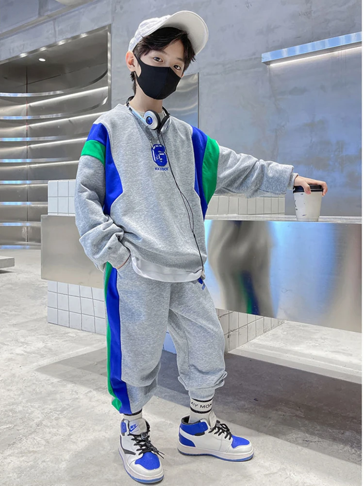 Spring Teenage Boy Clothes Children\'s Embroidery Letter Sweatshirt and Pants Set Fashion Top and Bottom 2 Pieces Tracksuit