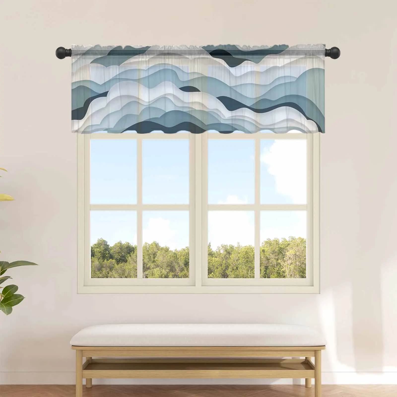 Gradient Wave Grey Blue Gradient Kitchen Small Window Curtain Tulle Sheer Short Curtain Living Room Voile Drapes