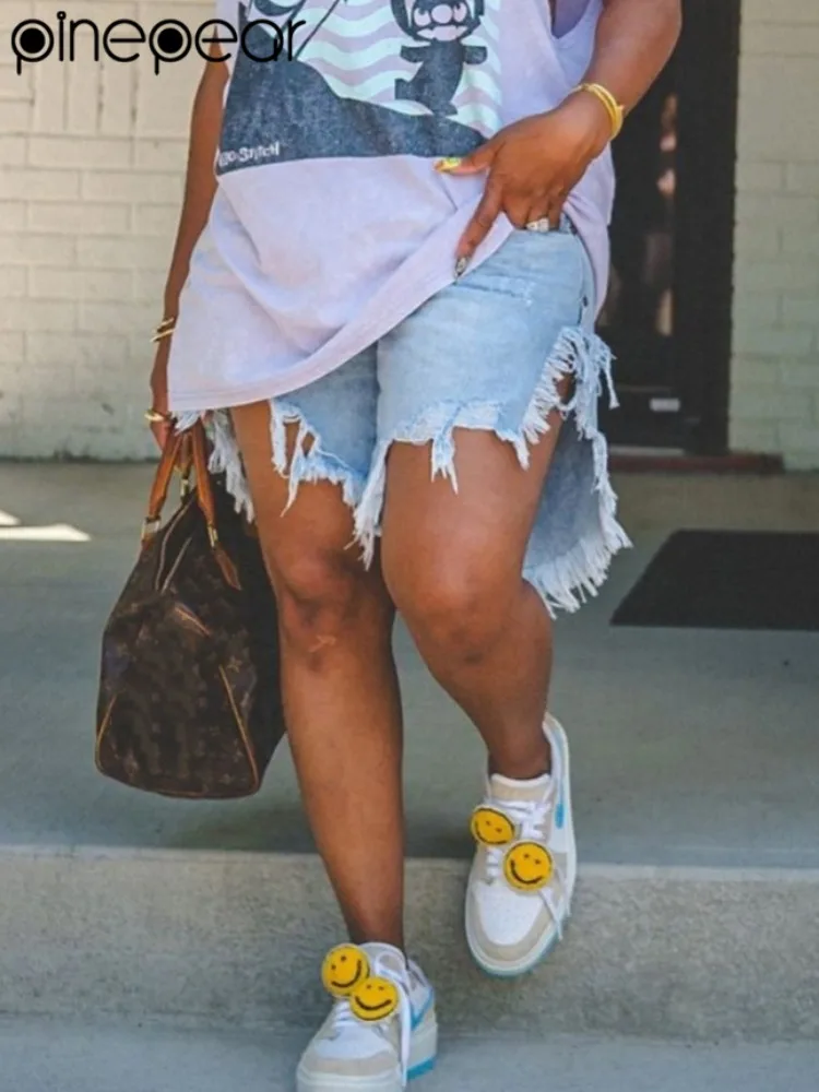 PinePear ジーンズショートパンツレディースハイウエストリップドデニムショートパンツ女性ダメージ加工ジーンズショートパンツ夏 2025