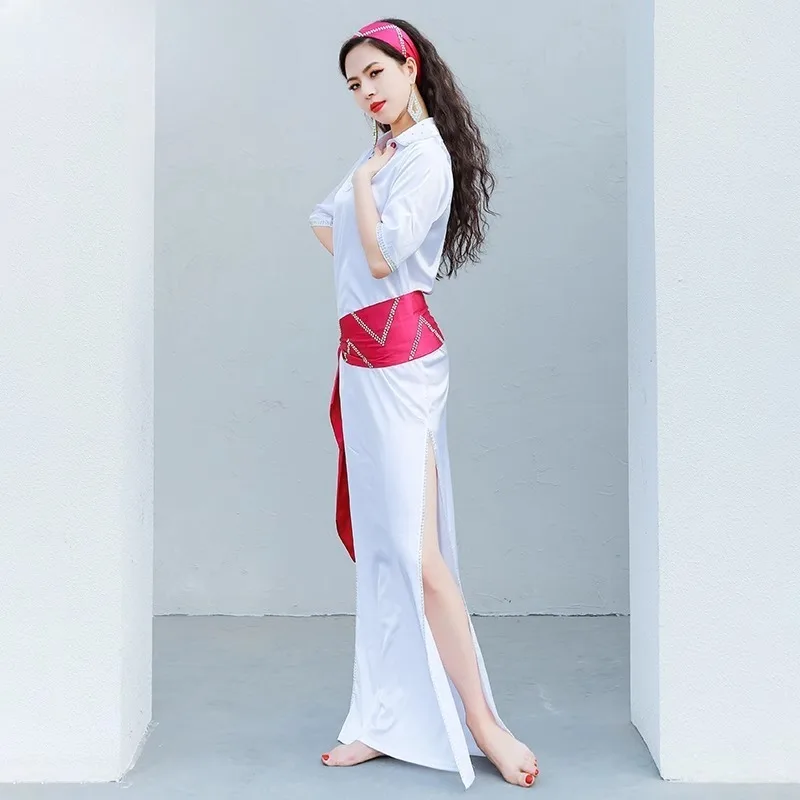 تخصيص زي الرقص الشرقي الساتان الأبيض الكلاسيكي بلدي رداء ممارسة اللباس أداء ارتداء الملابس الهندية النساء الرقص الشرقي #4