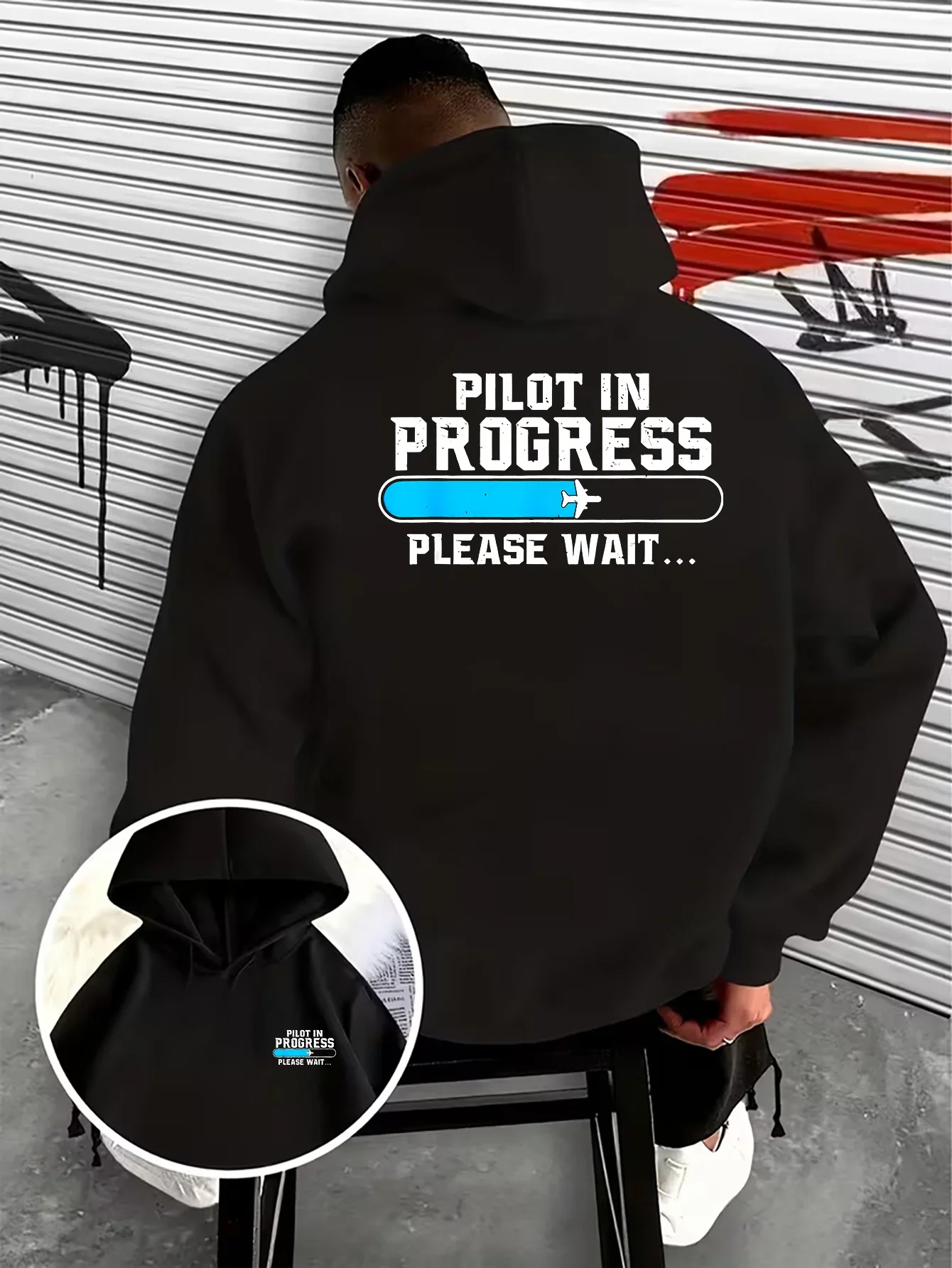 Men Y2K Retro Humor Graphic Hoodie Pilot Training Loading Bar Art Back Chest Dual Print Autumn Winter Fleece Lined Loose Hoodie