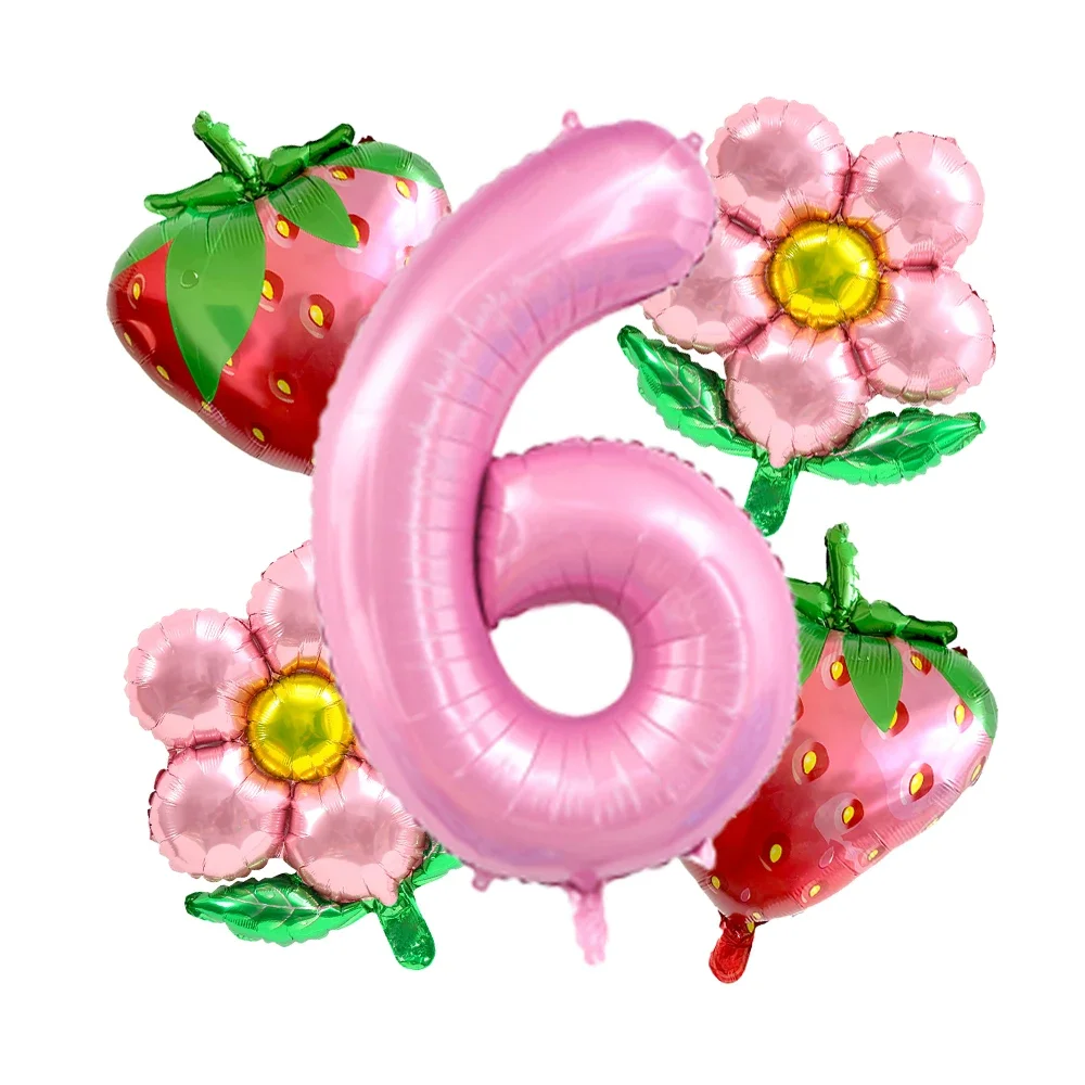 5 Stück Erdbeerblumen-Folienballons 32 Zoll Rosa Zahlenballons 0-9 Set Beeren Erster Geburtstag Süße Sommer-Party-Dekorationen