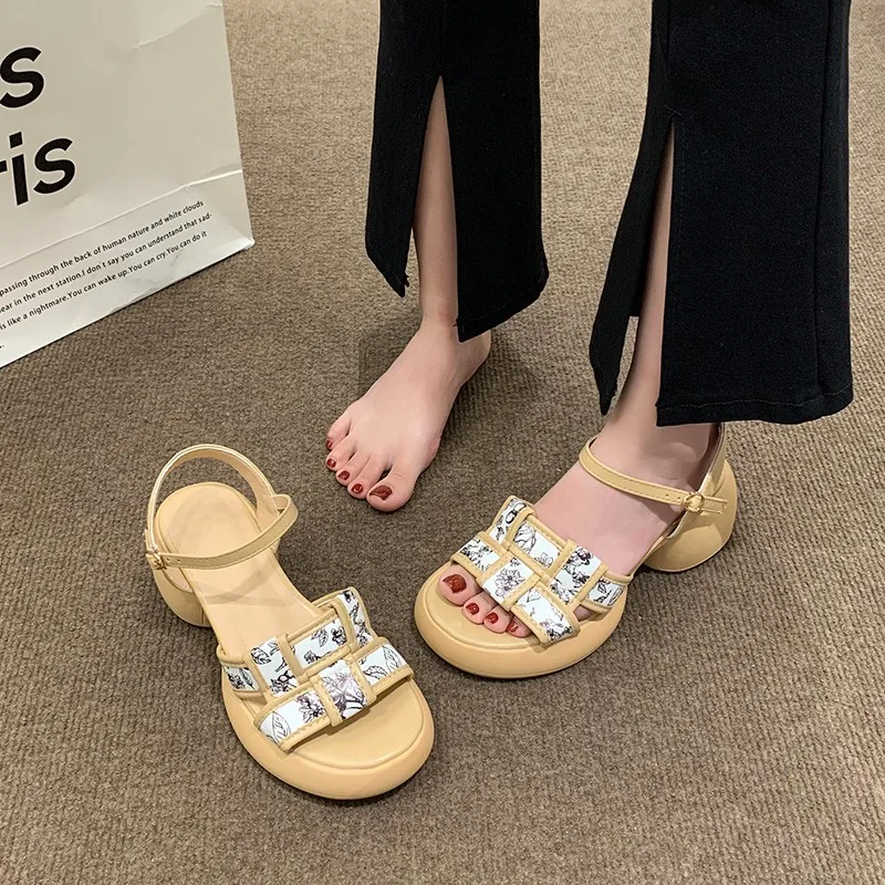 Round Toe Open Toe 2024 Summer Bowknot Buckle Thick Sole Waterproof Platform Women Sandals Women's Single Shoes Lattice Style