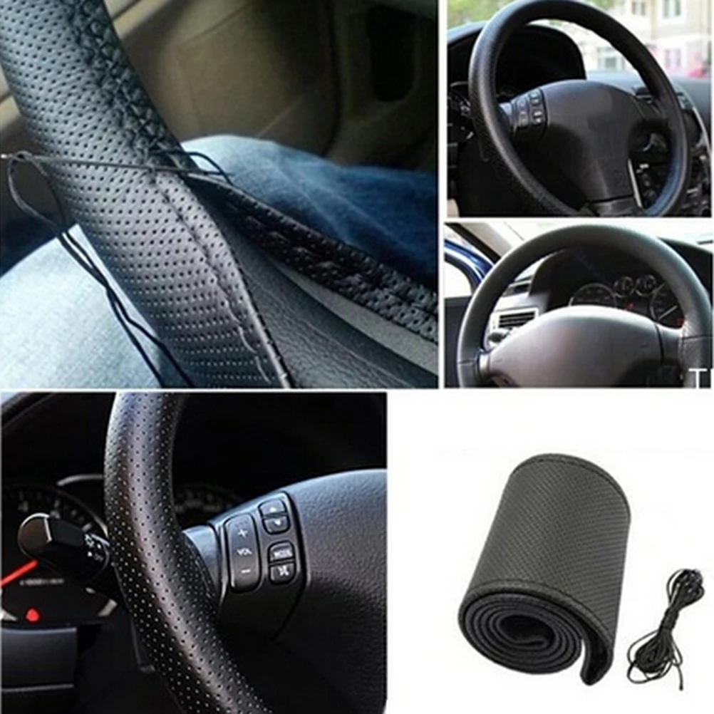New【1Set Car Truck Leather Steering Wheel Cover With Needles And Thread Black DIY】