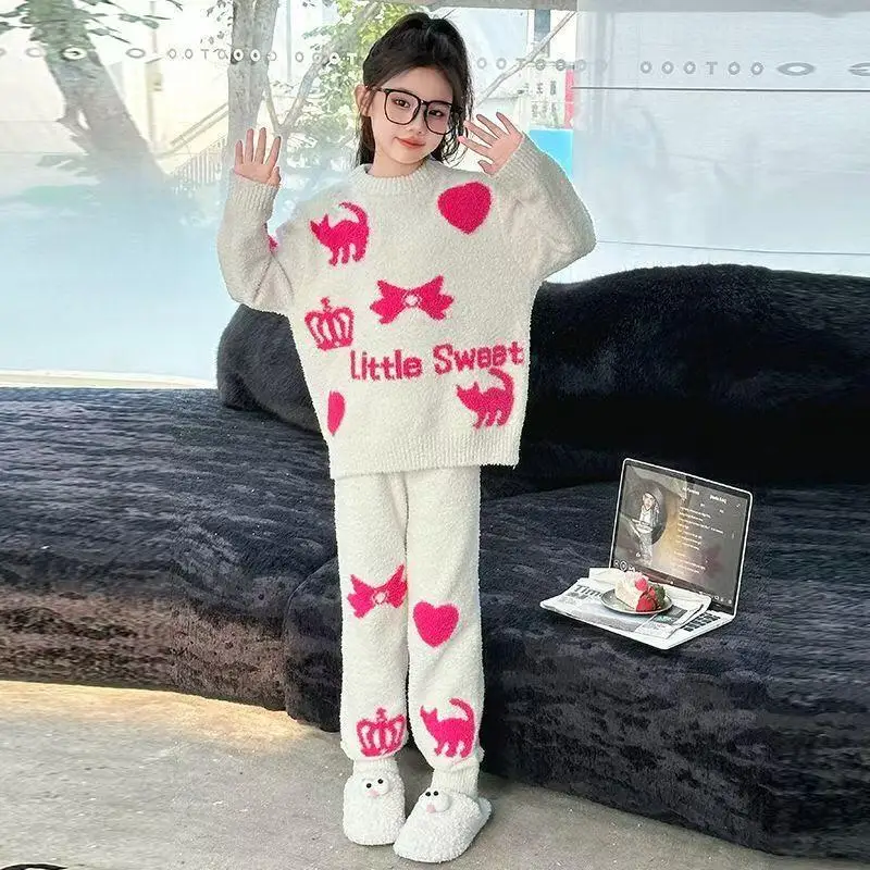 

Kawaii пижамный комплект для девочек, модный студенческий зимний фланелевой повседневный пуловер с героями мультфильмов, топы, длинные штаны, комплект из 2 предметов, детская одежда