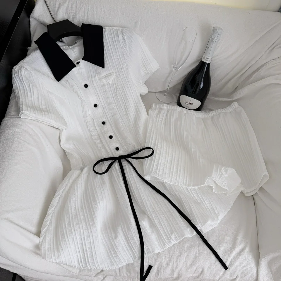 طقم فستان وشورت صيفي بطباعة زهور وياقة بولو وخصر برباط وأكمام قصيرة، ملابس نسائية بأسلوب جامعي أنيق