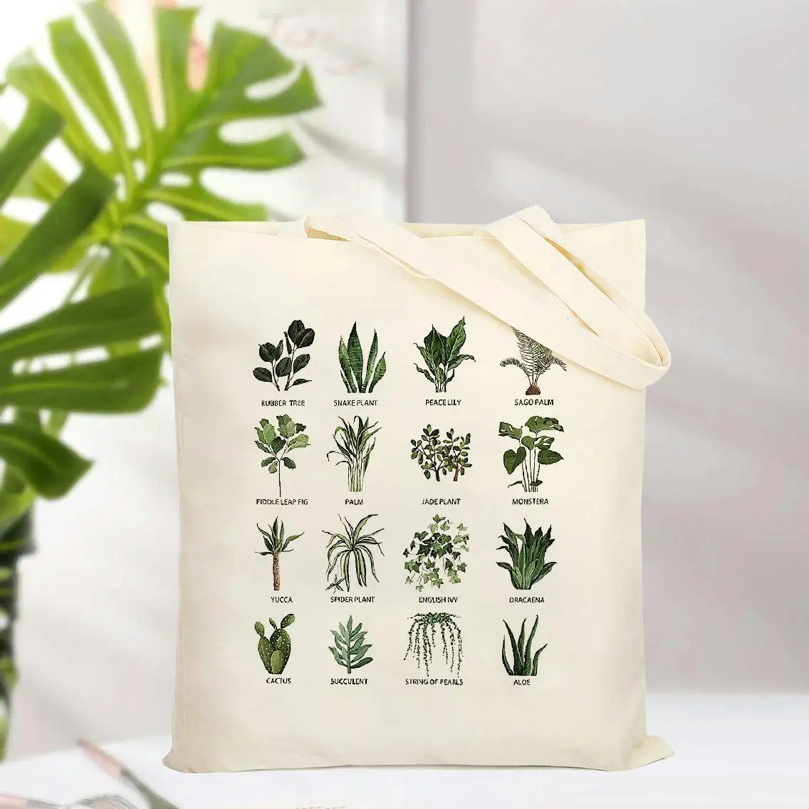 A Plant Illustration Pattern printed canvas tote bag, suitable for daily use, shopping, school, and travel