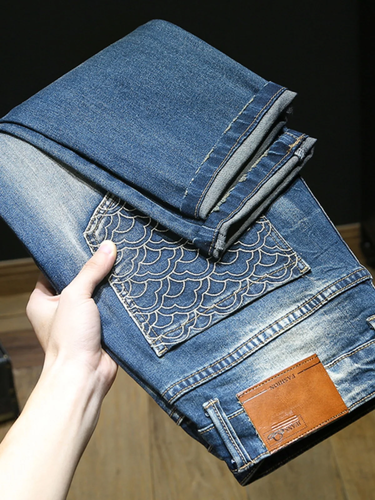

Spring 2025 Men's Patchwork Jeans Embroidered Casual Elastic Slim Fit Long Trousers Trendy Retro Sle Youthful Spring Faion