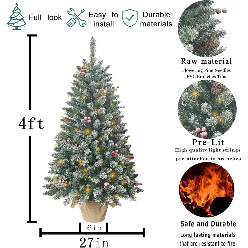 شجرة عيد الميلاد الاصطناعية ذات الرؤوس الثلجية بطول 4 أقدام مع 336 فرعًا، و20 توت أحمر، و14 كوز صنوبر، و100 مصباح LED، وقاعدة من الخيش
