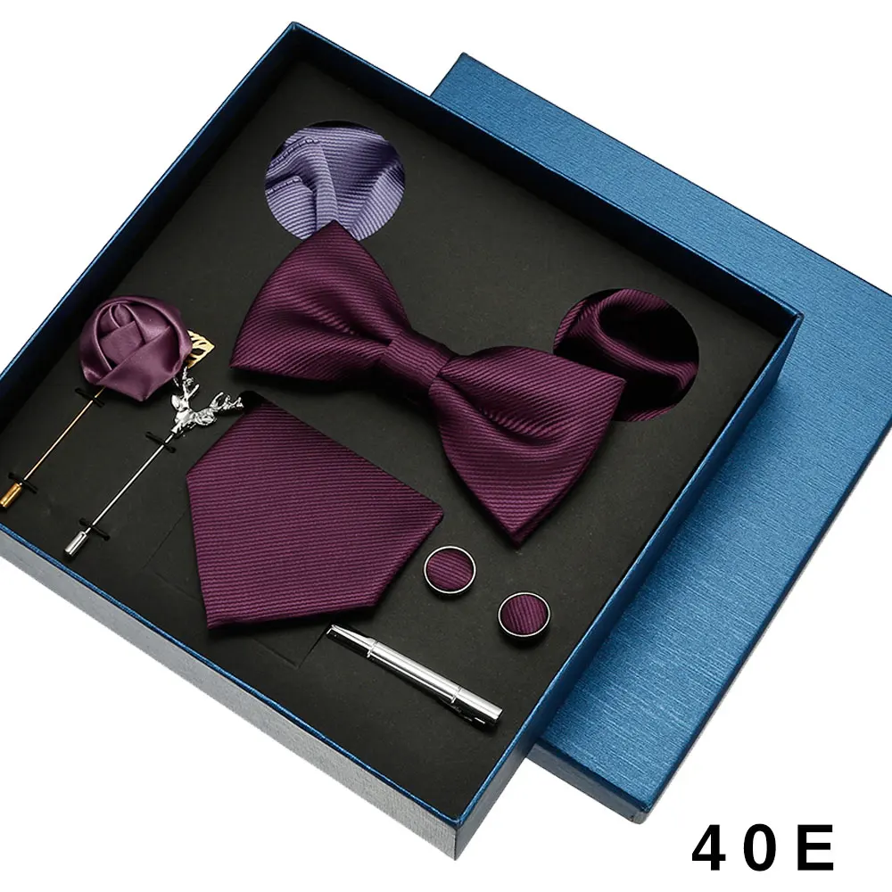 8-teiliges Luxus-Herren-Krawatten-Set in Geschenkbox, Krawatte mit festlicher Hochzeit, Fliege, Einstecktücher, Manschettenknöpfe, Clip-Broschen, Anzug – Detail 17