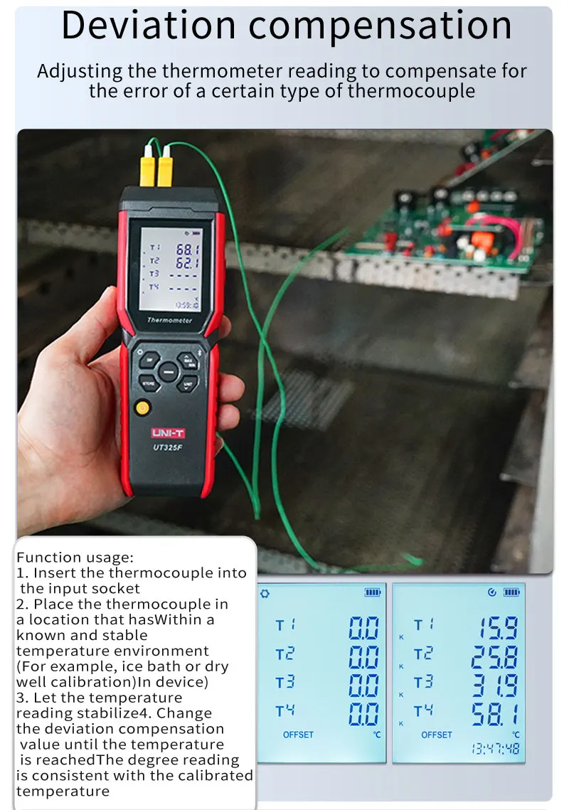 UNI-T UT325F 4 Channels Thermometer for K J T E R S N Type Thermocouples Digital Temperature with Data Storage Analysis Software