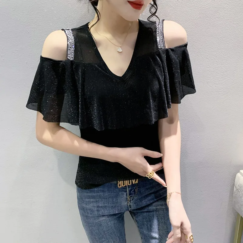 #5357 Black Blue Mesh Tshirt Ruffles Off spalla T Shirt donna diamanti Sexy sottile Skinny Tshirt femminile estate Top Femme scollo a v