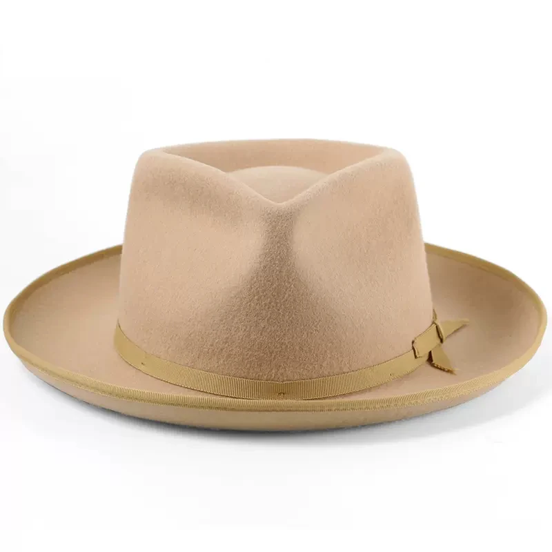 100% Wool American News Fedora For Men Women Unisex Curling Up Brim Crushable Felt Outback Hat With Brown Camel Color