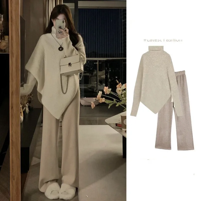 Autumn Gentle Style Women\'s 2023 New Korean Fashion Set High Neck Loose Sweater Wide Leg Pants Two Piece Set