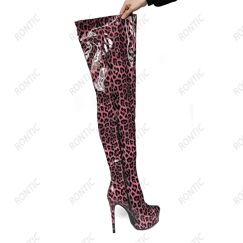 Rontic New Fashion Women Spring Thigh Boots Super Sexy Leopard Waterproof Stiletto Heels Round Toe Night Club Shoes US Size 5-20