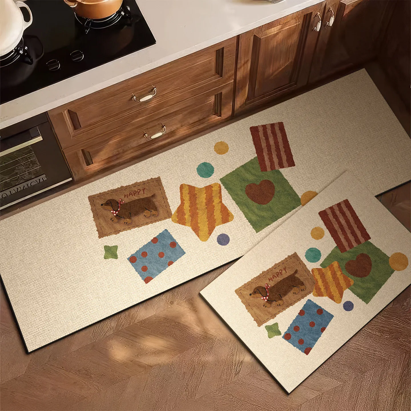 Home Cooking For Dogs - VIKAMA レトロキッチンラグ 滑り止め 洗えるフロアマット かわいい犬と星のパッチワークデザイン 吸水性のある調理用マット