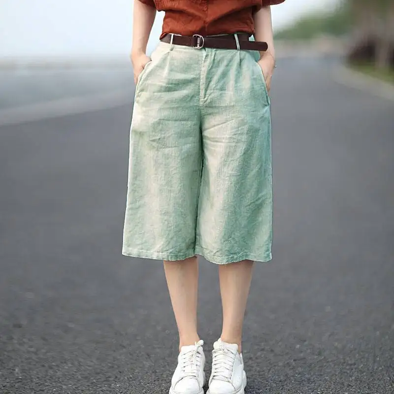 XIZOU Women's High Waist Wide Leg Cotton Linen Blend Five-Quarter Length Trousers Artistic Sle Commute Suitable Casual Pants