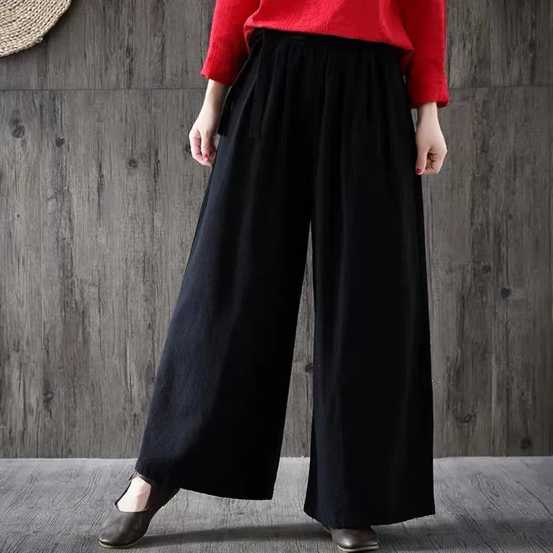 2024 Autunm brand wide leg cotton linen trousers black loose casual vintage pants High waist Spring pants pantalones de mujer