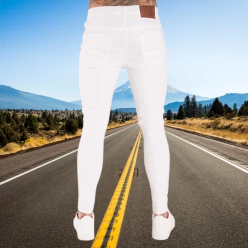 Men White Skinny Jeans 2023 Elastic Waist Stretch Ripped Denim Pants Summer Streetwear High Quality Joggers Trousers