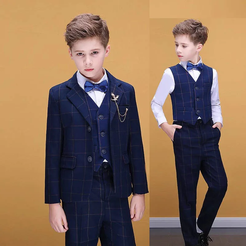 Children Blue 4Pieces/Set Jacket Vest Pants Bowtie Party Suit Kids Photograph Graduation Birthday Costume Boys Wedding Dress