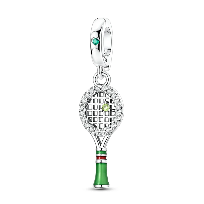 New Original 925 Sterling Silver Green Tennis Racket Charms Beads Dangle For Women Fine DIY Birthday Jewelry Birthday Party Gift