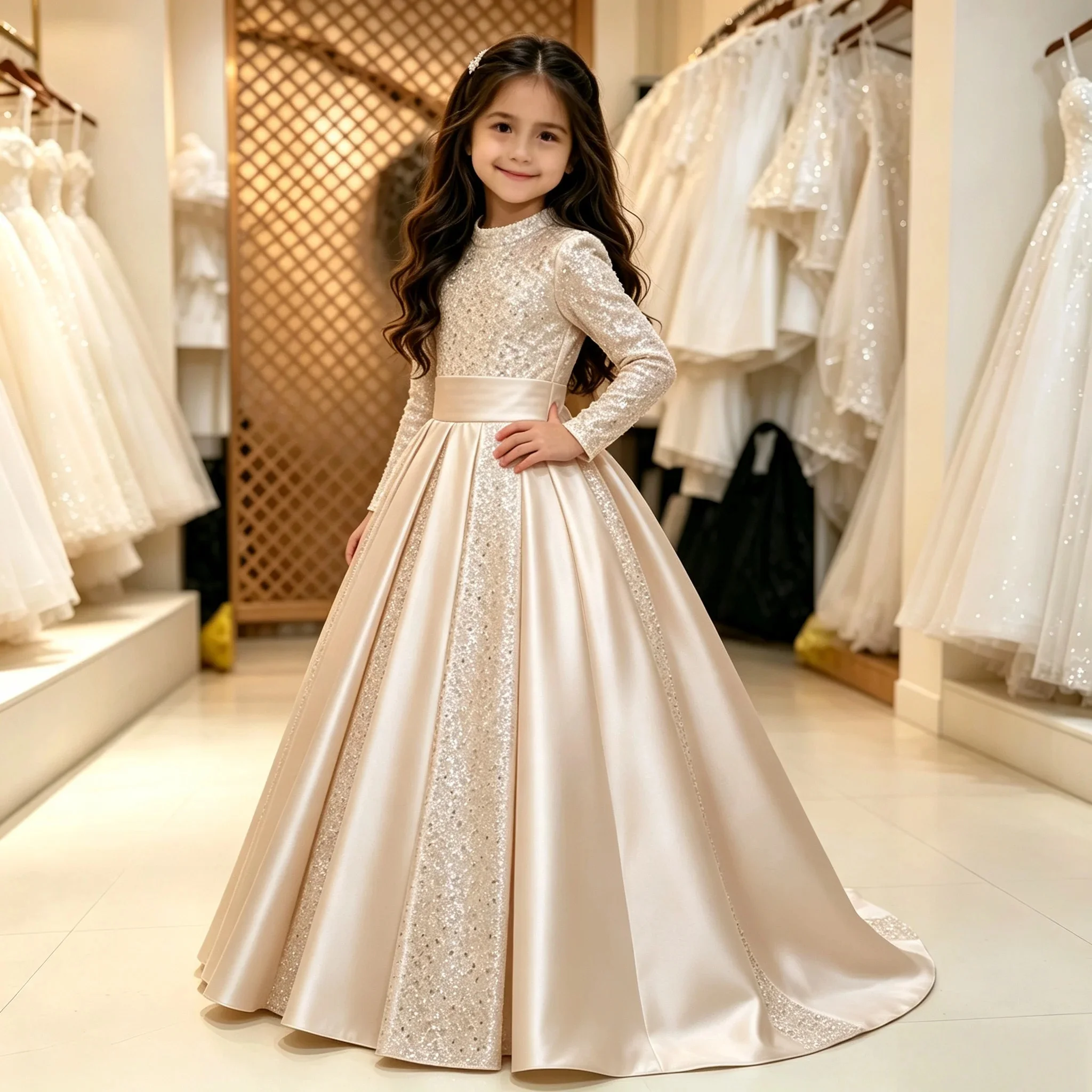 Elegant Sequined High Neck Customized Flower Girl Dress For Wedding Long Sleeve Tulle  Kids Birthday Party First Communion Gowns